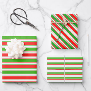 Green, White, Red Colored Christmas-Themed Lines Wrapping Paper Sheets