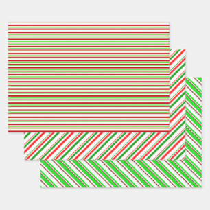 Green, White, Red Colored Christmas-Themed Lines Wrapping Paper Sheets