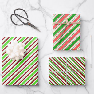 Green, White, Red Colored Christmas-Themed Lines Wrapping Paper Sheets