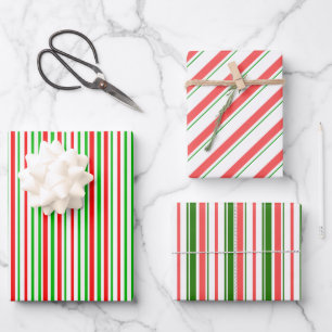 Green, White, Red Colored Christmas-Themed Lines Wrapping Paper Sheets