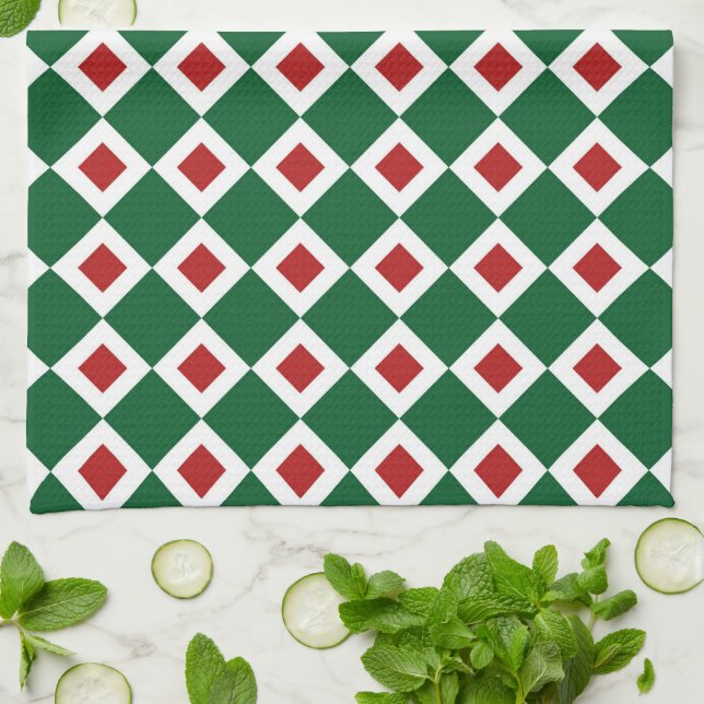 Green, White, Red Diamond Pattern Kitchen Towel (Folded)