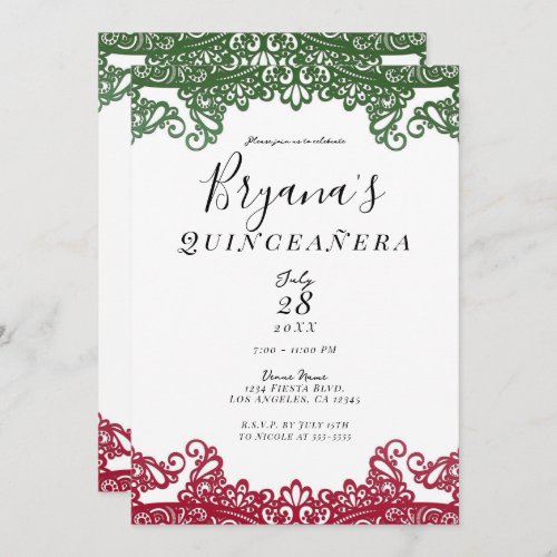 Green White  Red Elegant 15th Quinceaera Party Invitation