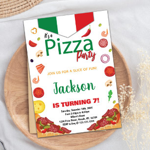 Green White Red Pizza Birthday Invitations