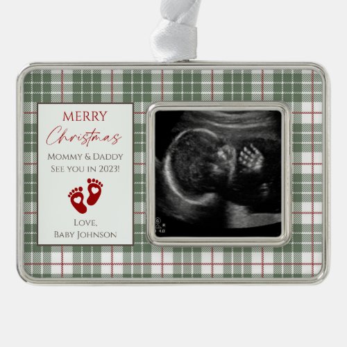 Green White  Red Plaid New Baby Ultrasound Photo Christmas Ornament