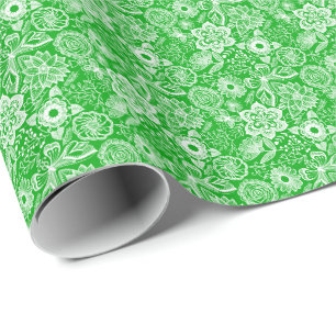 Green & White Retro Flowers & Butterflies Pattern Wrapping Paper