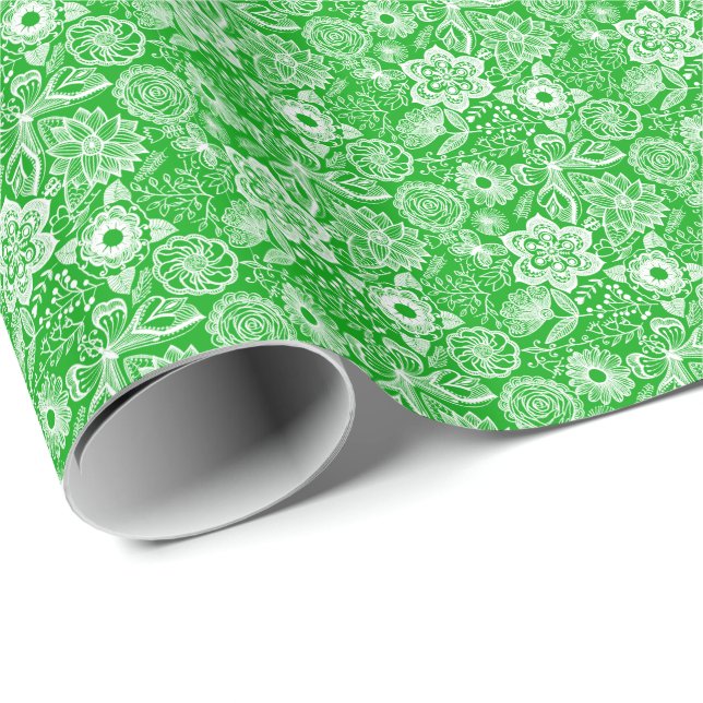 Green & White Retro Flowers & Butterflies Pattern Wrapping Paper (Roll Corner)