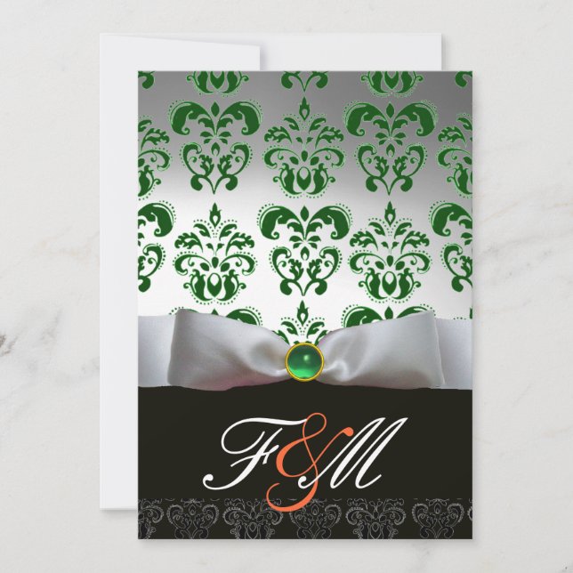 GREEN WHITE RIBBON & BLACK DAMASK MONOGRAM Orange Invitation (Front)