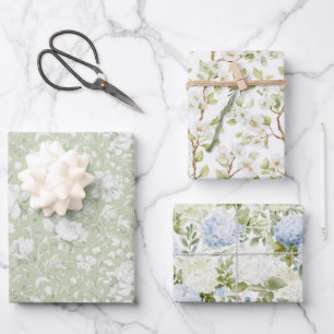 Green White Romantic Floral Bridal Shower Wrapping Paper Sheets