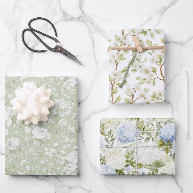 Green White Romantic Floral Bridal Shower Wrapping Paper Sheets (Front)