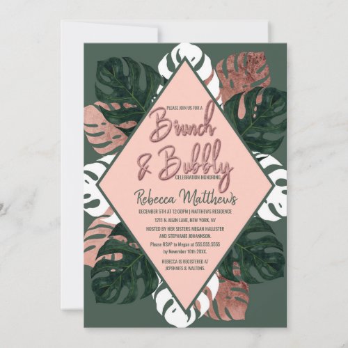 Green White Rose Gold Swiss Cheese Brunch Bubbly Invitation