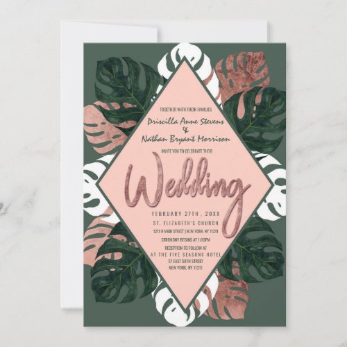 Green White Rose Gold Swiss Cheese Leaves Wedding Invitation
