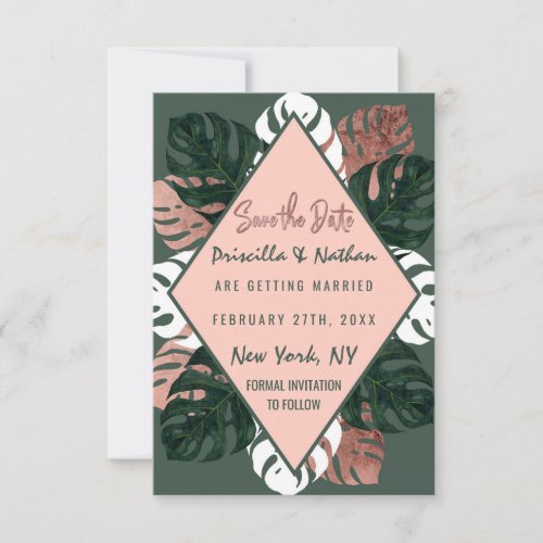 Green White Rose Gold Swiss Cheese Leaves Wedding Save The Date