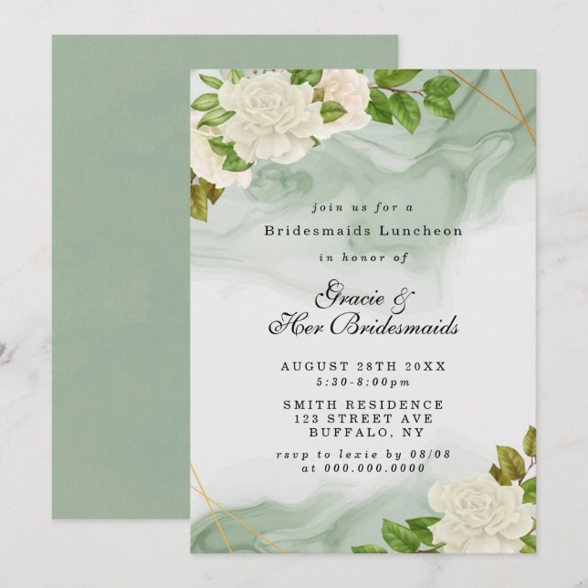 Green White Roses Bridesmaids Luncheon Invites (Front/Back)