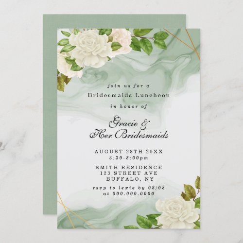 Green White Roses Bridesmaids Luncheon Invites