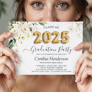 Green White Roses Floral Class of 2025 Graduation Invitation