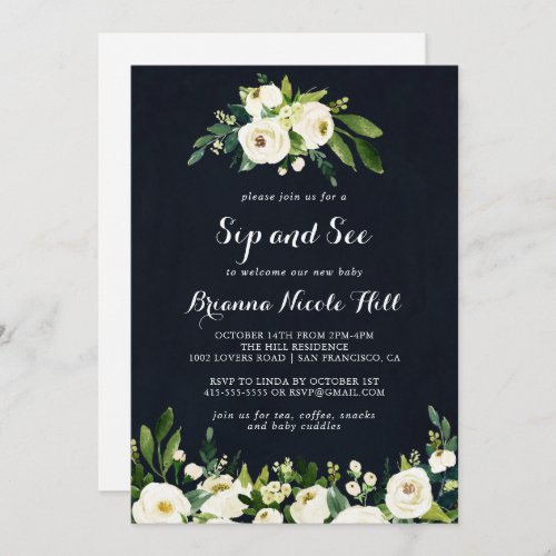 Green White Royal Blue Floral Sip and See  Invitation
