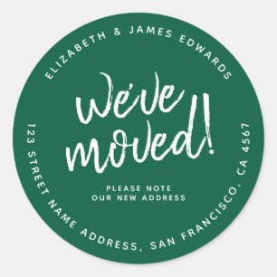Green White Rustic Script We've Moved New Address Classic Round Sticker