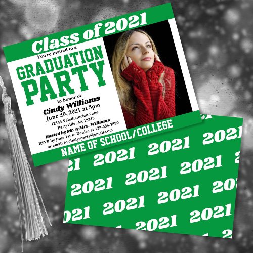 Green White School Colors Photo Graduation Invitation