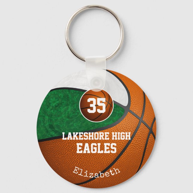 green white school team colors girls' basketball keychain (Front)