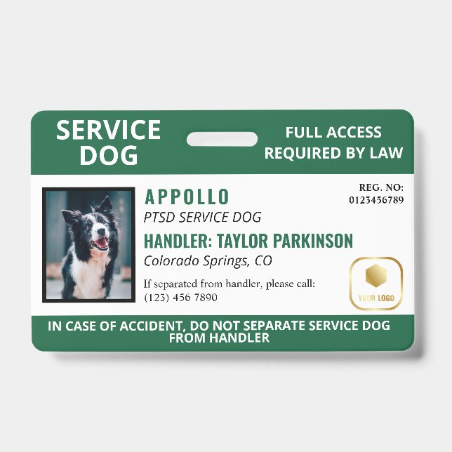 Green White Service Dog Logo & Photo ID Badge (Front)