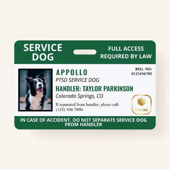 Green White Service Dog Logo & Photo ID Badge (Front)