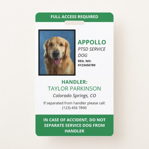 Green White Service Dog Photo ID Badge