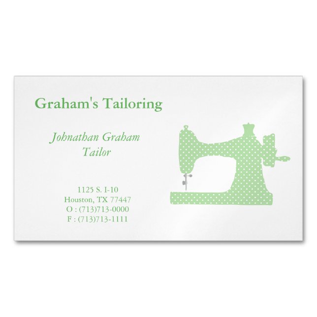 Green & White Sewing Machine Business Card Magnet (Front)