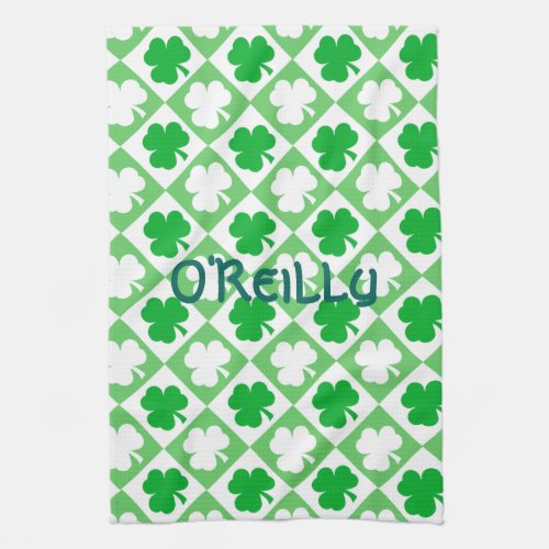 Green  White Shamrocks Name Irish Bar  Kitchen Towel