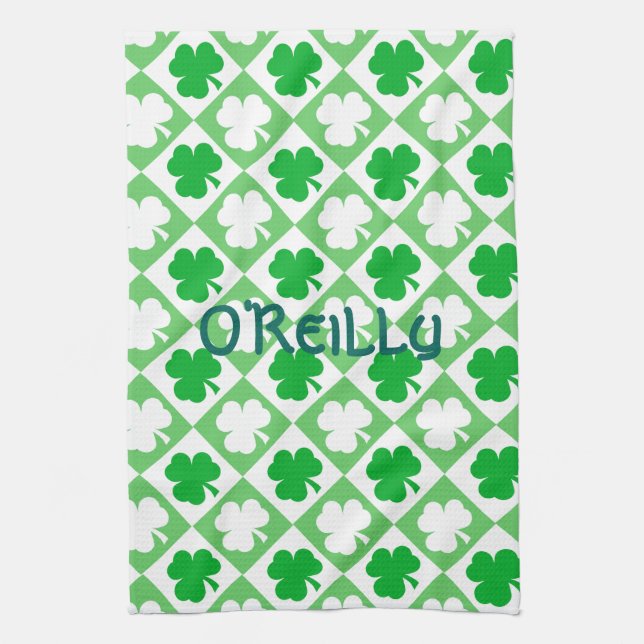 Green & White Shamrocks Name Irish Bar & Kitchen Towel (Vertical)