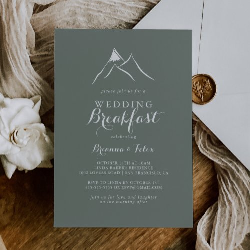 Green White Silhouette Mountain Wedding Breakfast Invitation