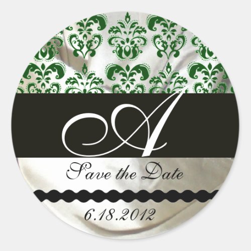 GREEN  WHITE SILK DAMASK CLOTH MONOGRAM CLASSIC ROUND STICKER