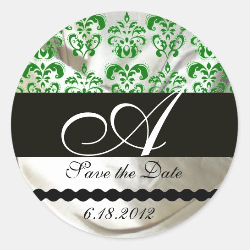 GREEN  WHITE SILK DAMASK CLOTH MONOGRAM CLASSIC ROUND STICKER