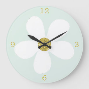 Green White Simple Daisy Gold Large Clock