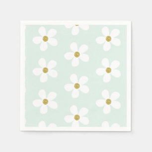 Green White Simple Daisy Pattern Gold Napkins