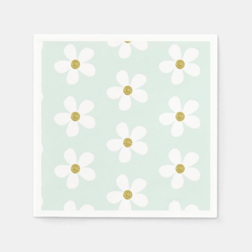 Green White Simple Daisy Pattern  Gold Napkins