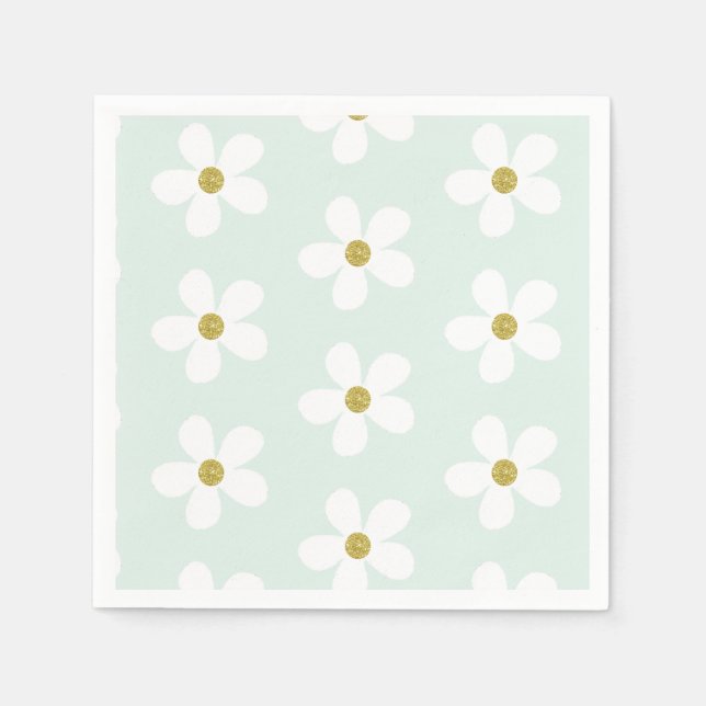 Green White Simple Daisy Pattern  Gold Napkins (Front)