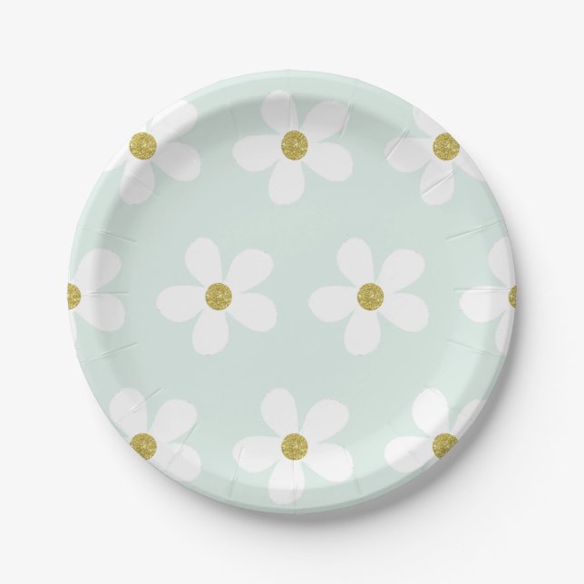 Green White Simple Daisy Pattern Gold Paper Plates (Front)