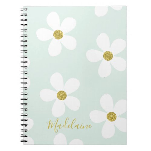 Green White Simple Daisy Pattern Gold  School Notebook