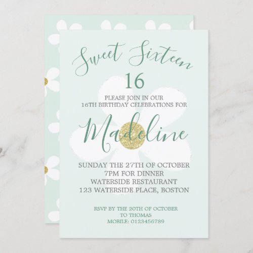 Green White Simple Daisy Sweet Sixteen Chic Invitation