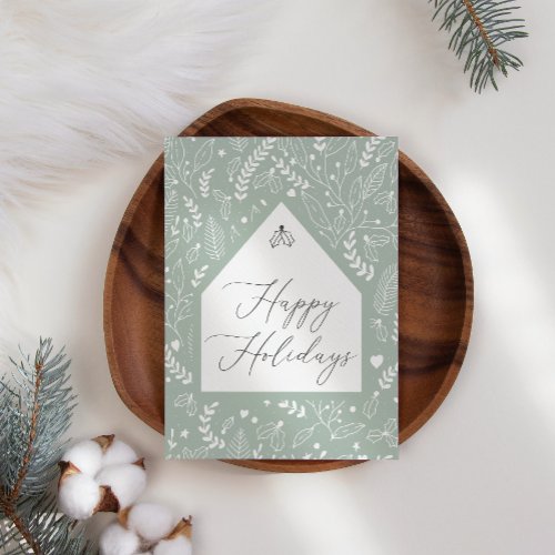 Green White Simple Floral Business Christmas Card