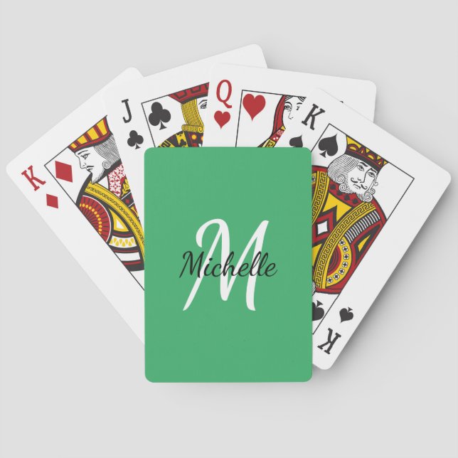 Green & White Simple Monogram Classic Trendy Playi Poker Cards (Back)
