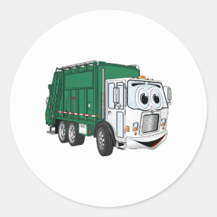 Green White Smiling Garbage Truck Cartoon Classic Round Sticker