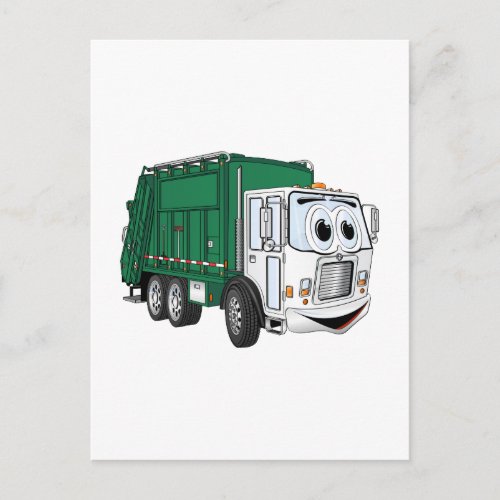 Green White Smiling Garbage Truck Cartoon Postcard