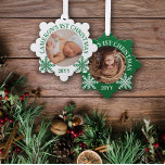 Green White Snowflakes Baby's 1st Christmas Ornament Card<br><div class="desc">Snowflake shaped photo ornament with a round photo of your baby with curved text and pretty snowflakes in green and white.</div>