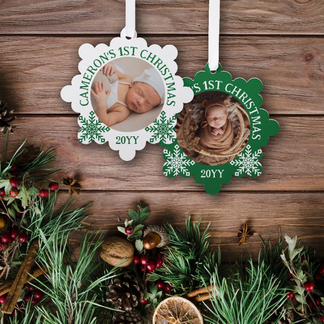 Green White Snowflakes Baby's 1st Christmas Ornament Card (Creator Uploaded)