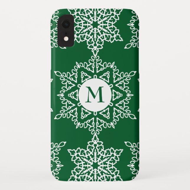 Green White Snowflakes Christmas Holiday Monogram Case-Mate iPhone Case (Back)