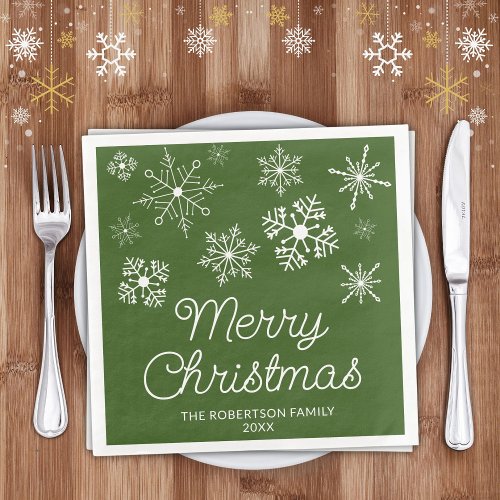 Green White Snowflakes Christmas Party Paper Dinner Napkins