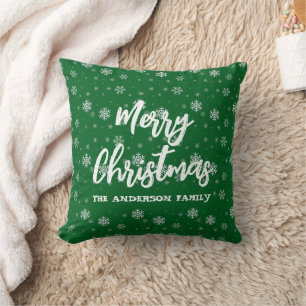 Green White Snowflakes Cute Retro Family Christmas Throw Pillow
