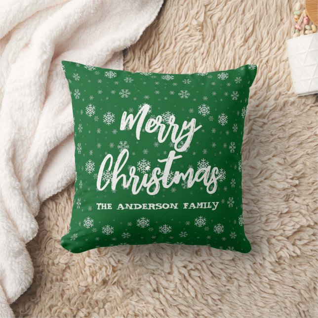 Green White Snowflakes Cute Retro Family Christmas Throw Pillow (Blanket)