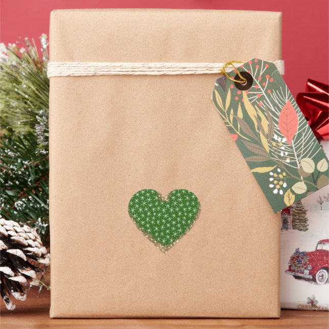 Green White Snowflakes Glitter Heart Sticker (Holiday)